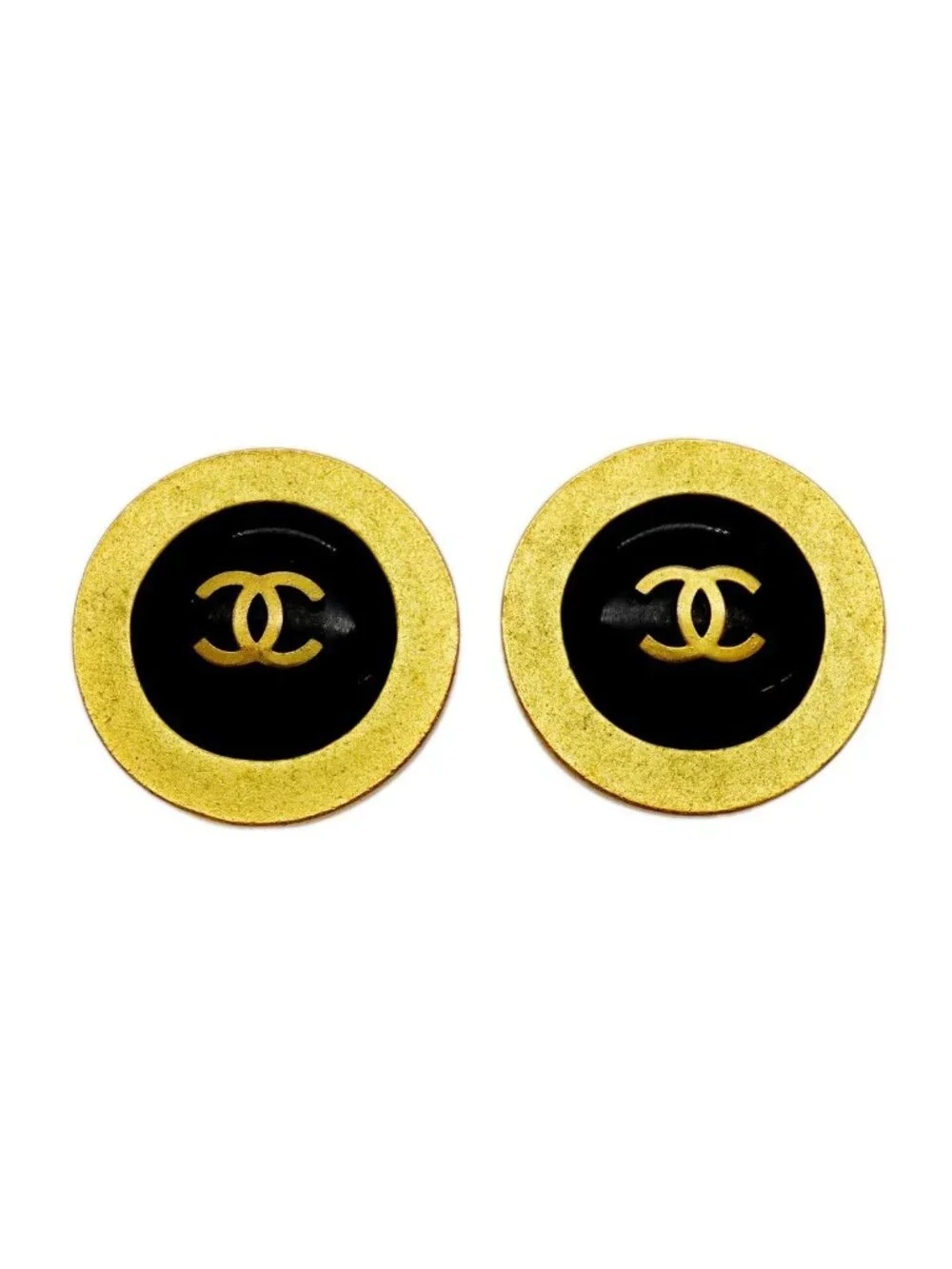 Chanel Earrings Vintage CC Logo Round Circle Gold Plated Black